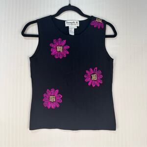 Joseph A Black Sleeveless Blouse with Pink Floral Ribbon Embroidery Size Large